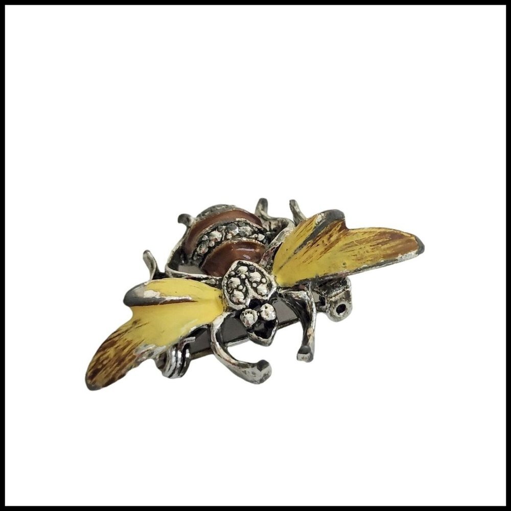 Vintage Silver Tone Enamel Rhinestone Bee Pin Brooch